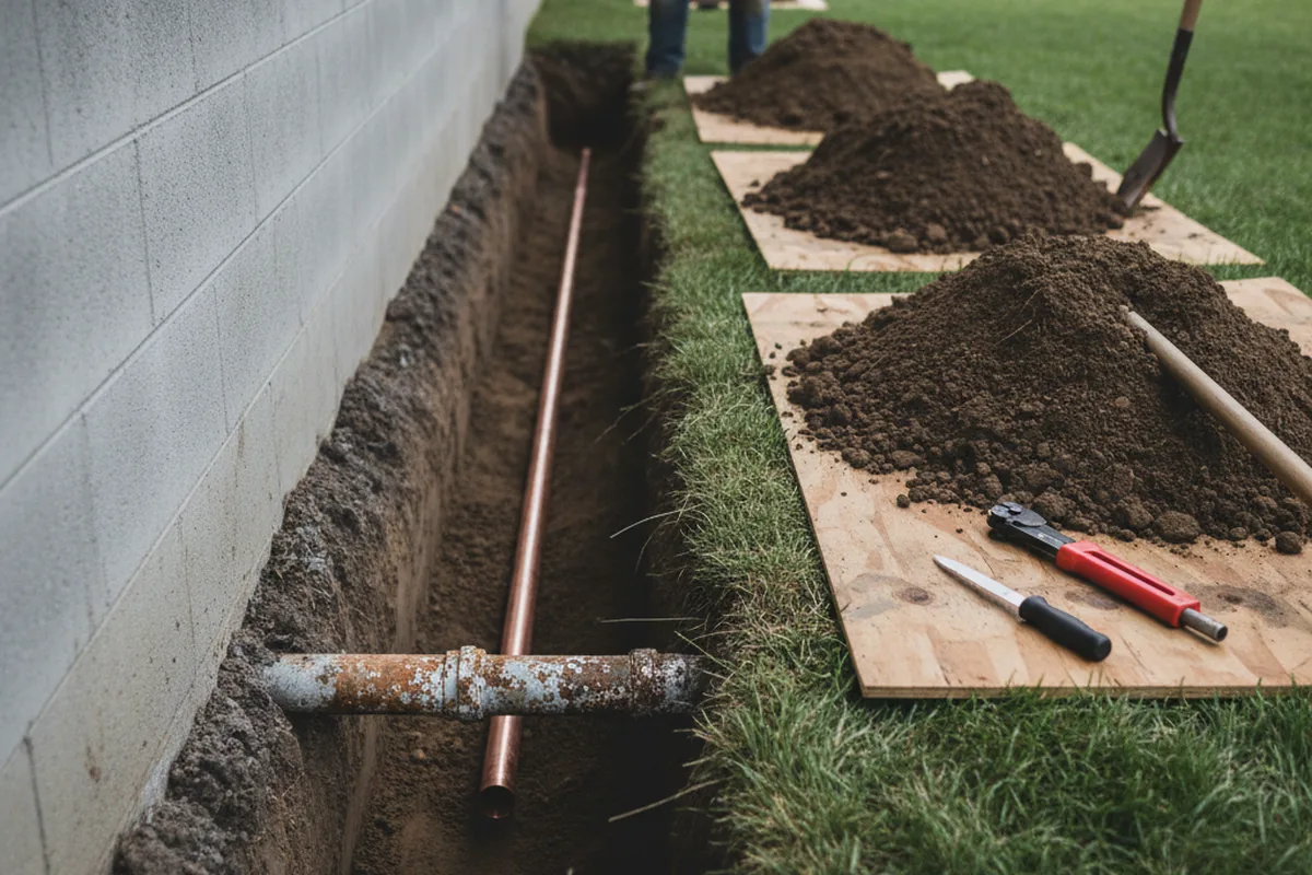 Excavated water line trench during Water Softener Installation in La Vernia